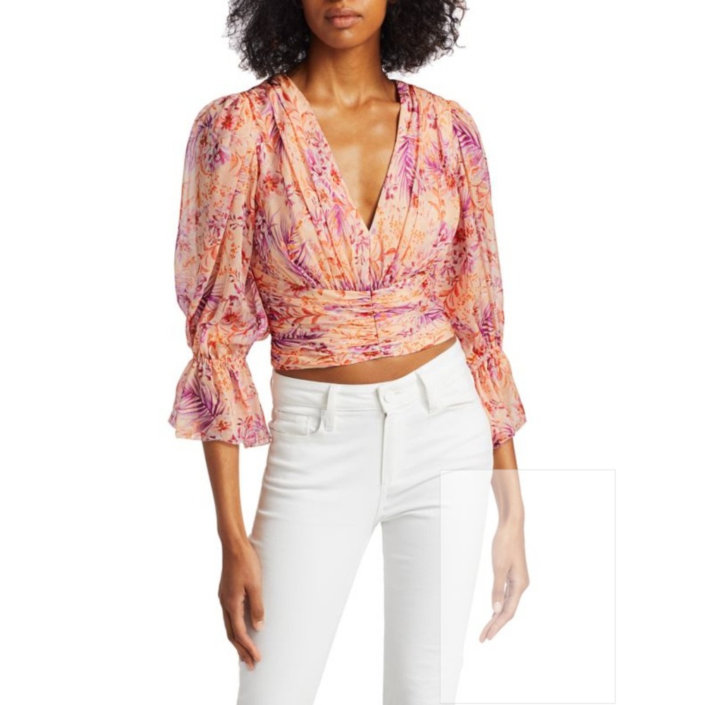 AMUR Gitana Floral Silk Cropped Blouse Cantaloupe Rosa Floral size large